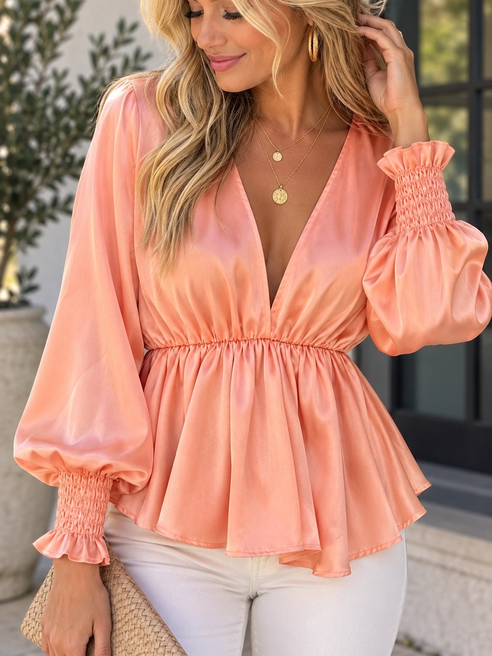 SHE + SKY NWT Coral Satin Deep V Smocked Cuff Peplum Blouse Size S